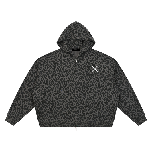 Leopard Print Waffle Full Zip Hoodie