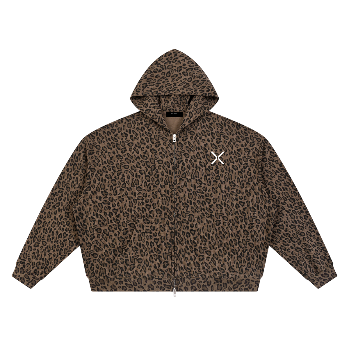 Leopard Print Waffle Full Zip Hoodie