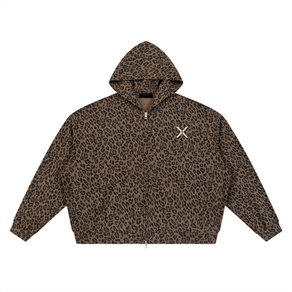 Leopard Print Waffle Full Zip Hoodie